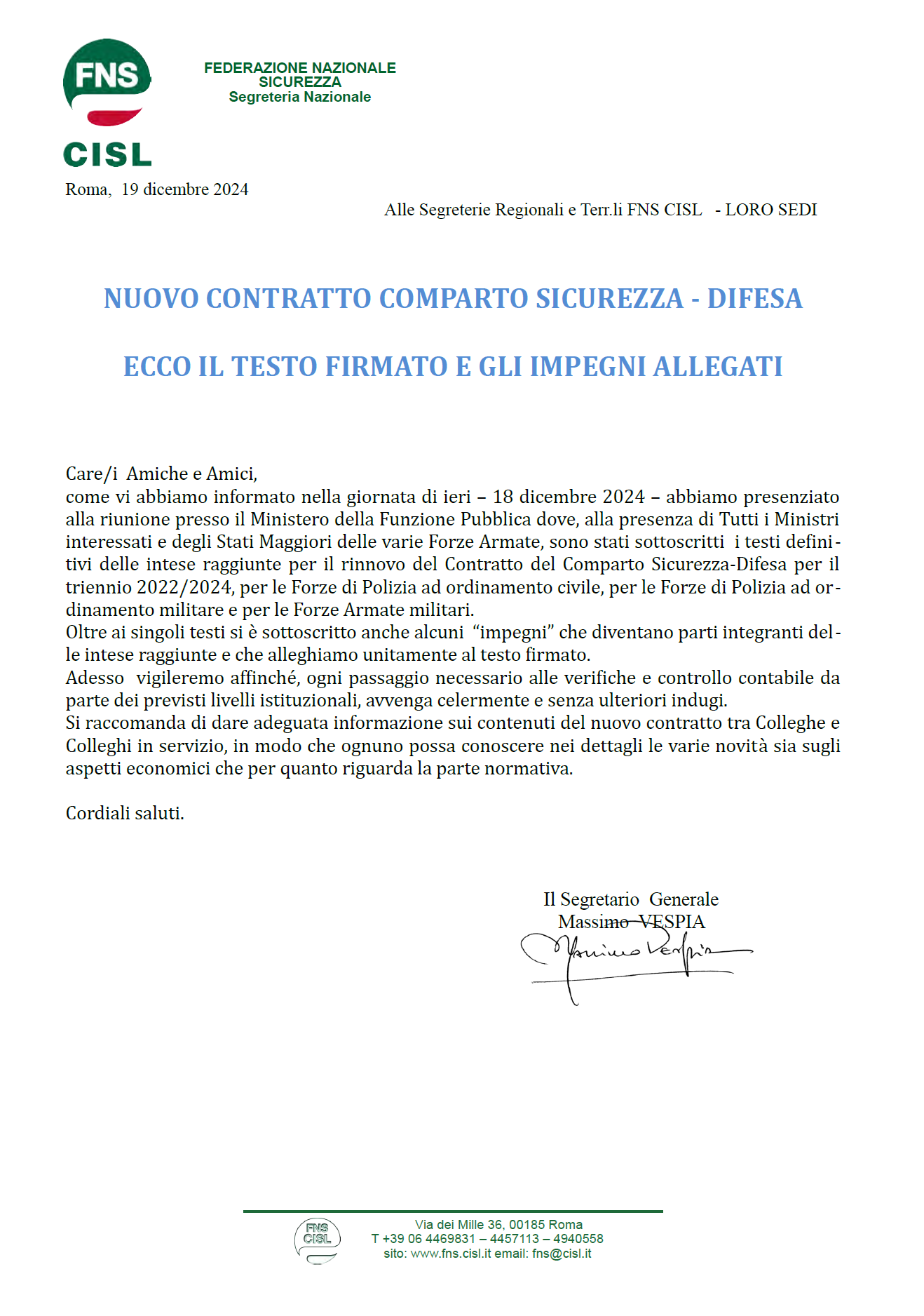 NUOVO CONTRATTO COMPARTO SICUREZZA - DIFESA. ECCO IL TESTO FIRMATO E GLI IMPEGNI ALLEGATI