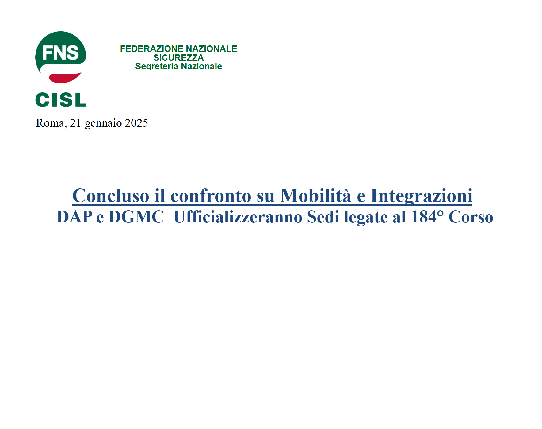 Concluso il confronto su Mobilità e Integrazioni - DAP e DGMC Ufficializzeranno Sedi legate al 184° Corso