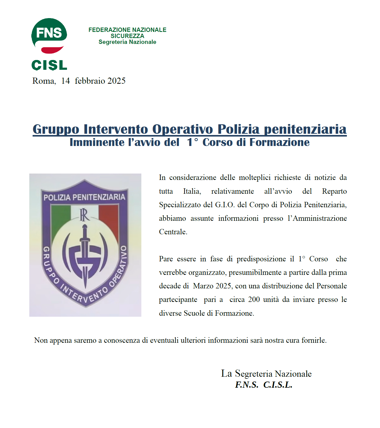 Gruppo Intervento Operativo Polizia penitenziaria Imminente l’avvio del  1° Corso di Formazione