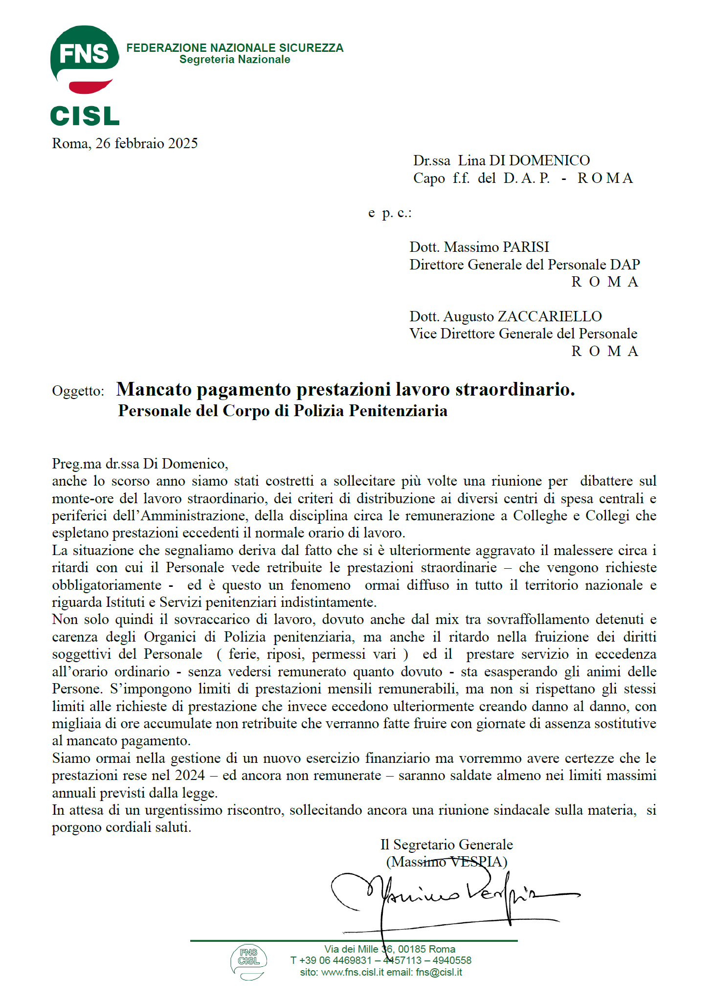 Mancato pagamento prestazioni lavoro straordinario. Personale del Corpo di Polizia Penitenziaria