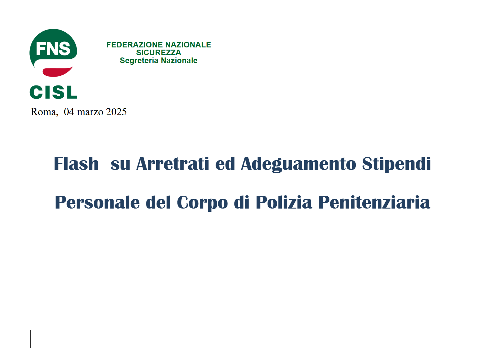 Flash su Arretrati ed Adeguamento Stipendi Personale del Corpo di Polizia Penitenziaria